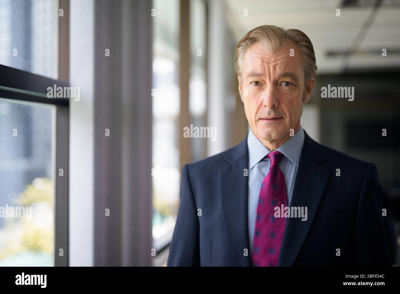 Mature handsome businessman in suit by the window at work Stock Photo ...