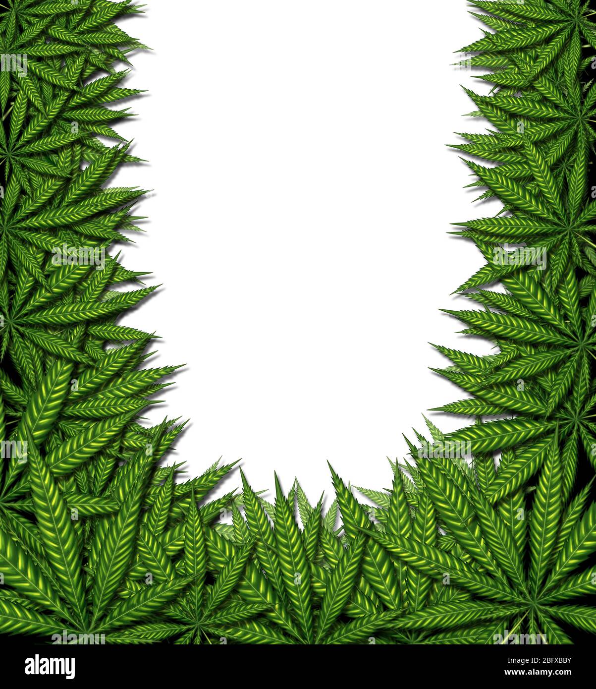 Marijuana background frame and cannabis border design on a white background as a symbol for medicinal pot or medical weed as a group of green leaves i Stock Photo