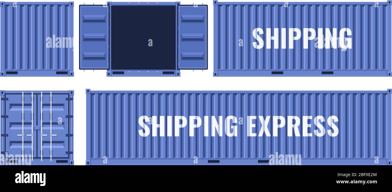 Blue shipping cargo metal container from different points of view. Flat