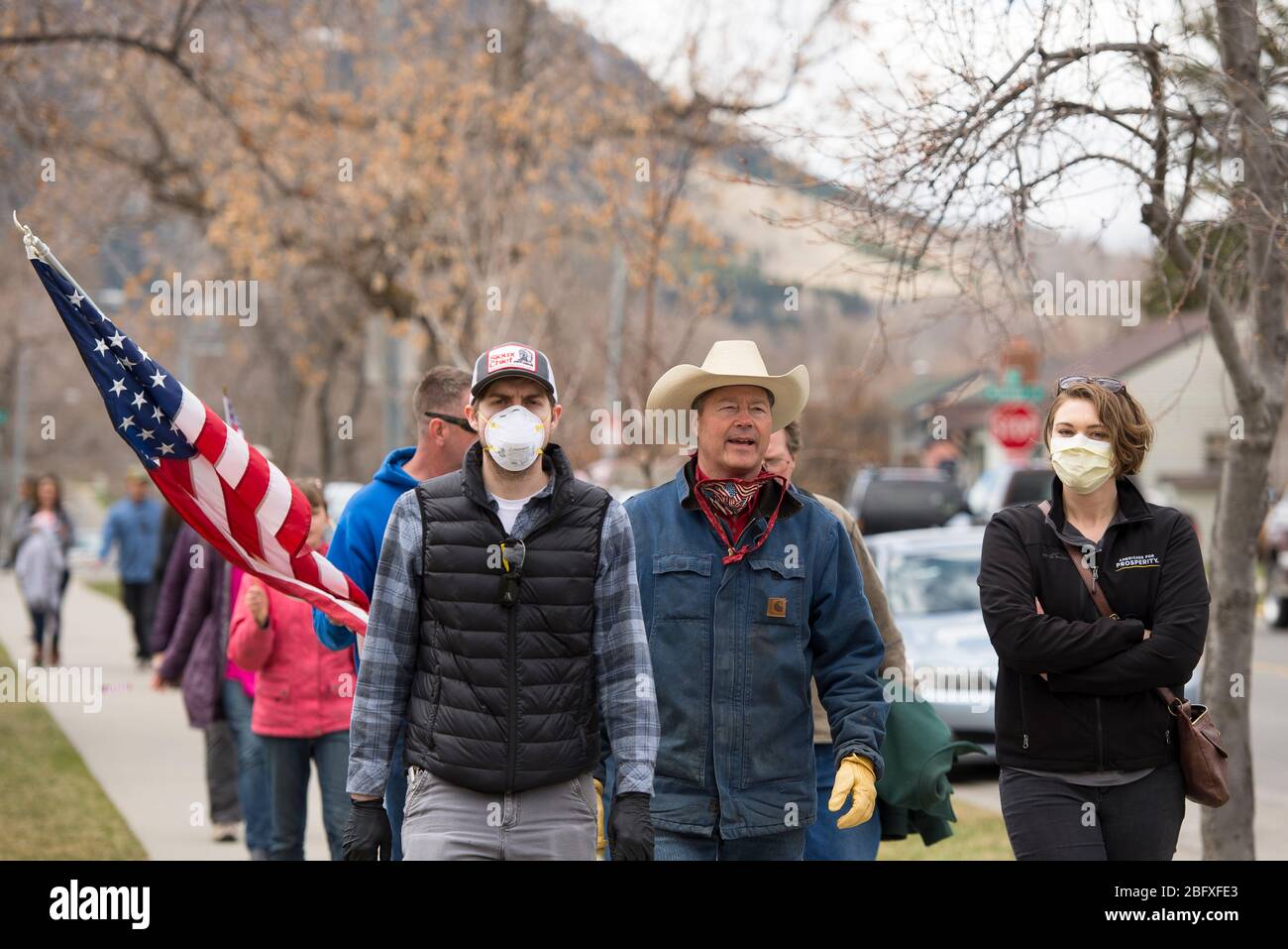 Helena, Montana - April 19, 2020: Dr. Al Olszewski running for governor marching in protest around the Capitol building to support reopening the gover Stock Photo