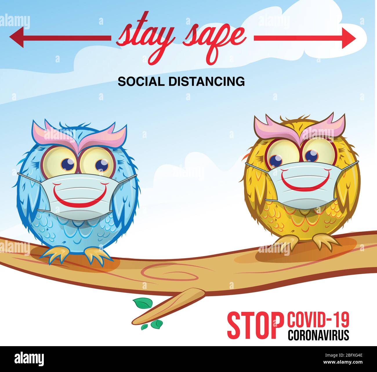 owls cartoon Keep distance. Coronovirus epidemic protective equipment, Preventive measures Stock Vector