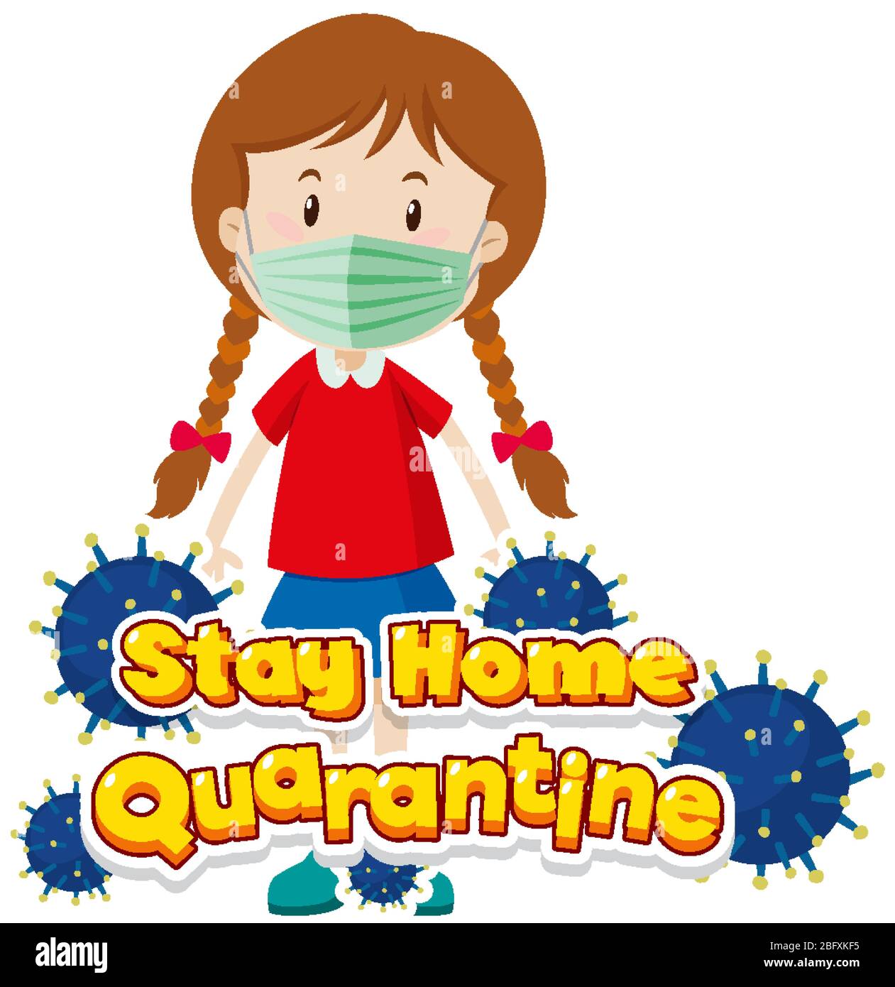 Font design for word stay home quarantine with girl wearing mask ...