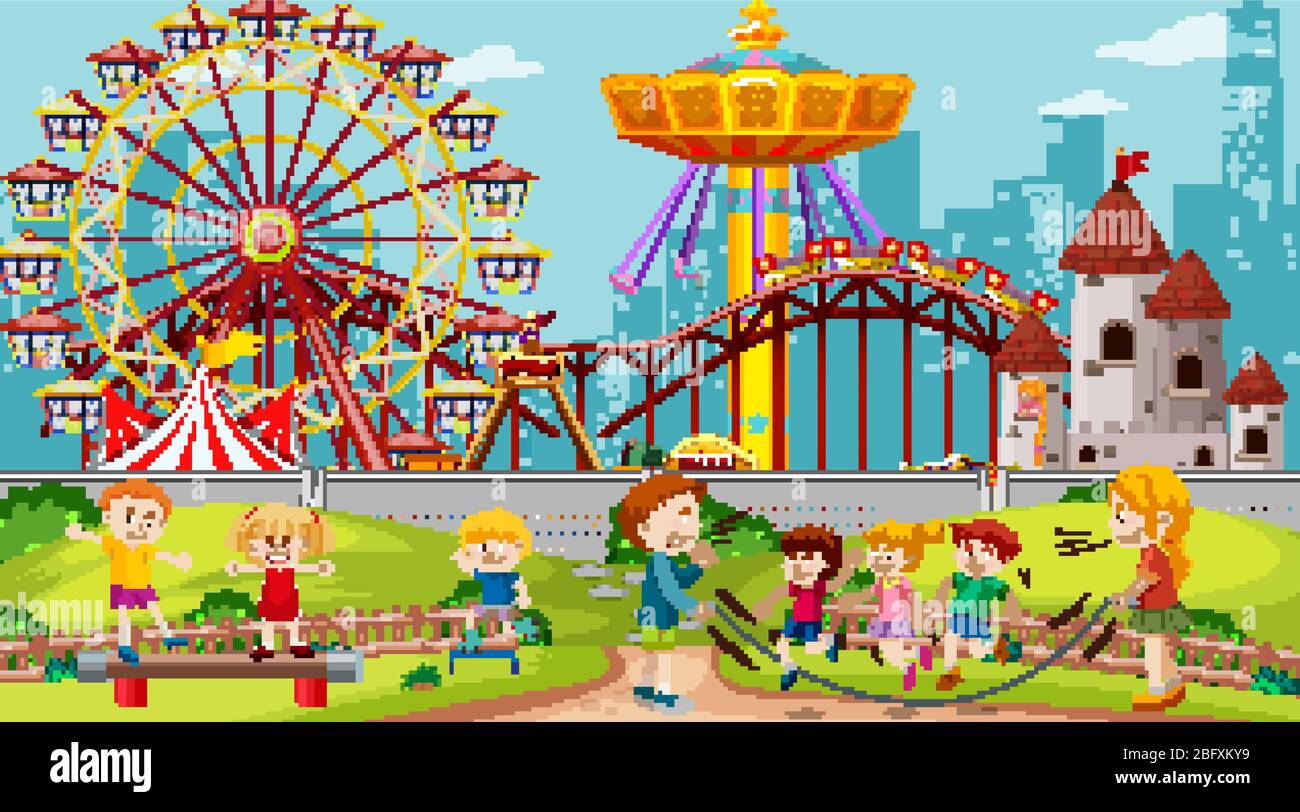 Themepark scene with many rides and happy children illustration Stock ...