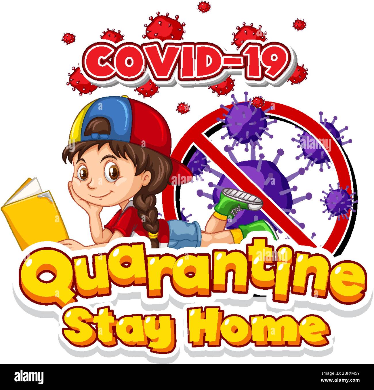 Font design for word quarantine stay home on white background