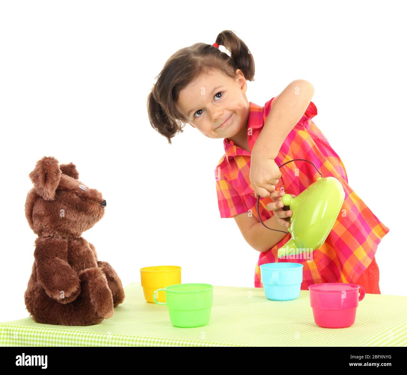 beautiful little girl and tea party isolated on white Stock Photo - Alamy