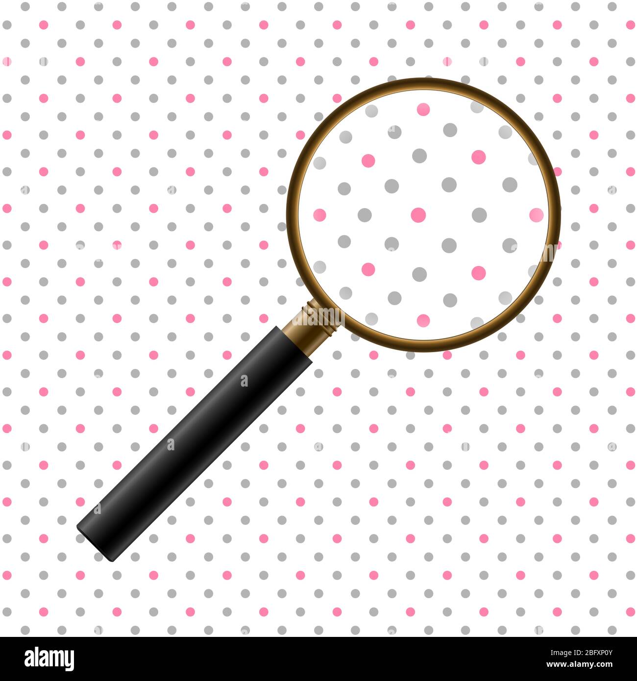 Vector Realistic Magnifier. Isolated Gold Metal Magnifying Glass With Black Handle Enlarging Dot Pattern. Zoom Tool With an Optical Lens. Scientific o Stock Vector