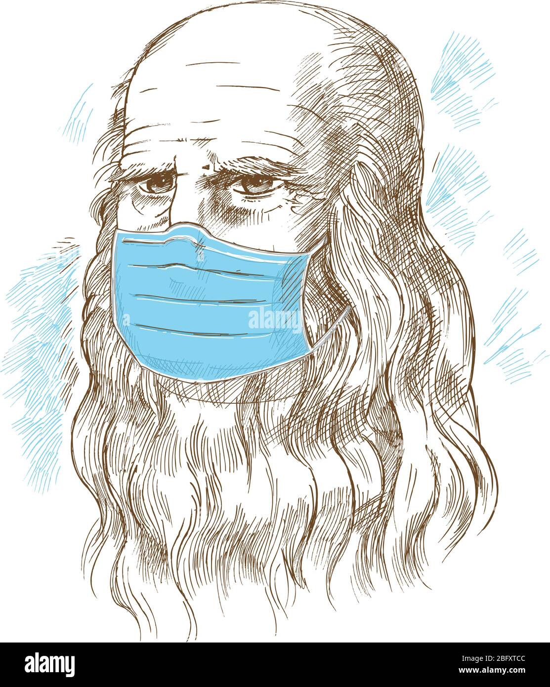 Hand drawn vector portrait. Leonardo Da Vinci with medical mask Stock Vector