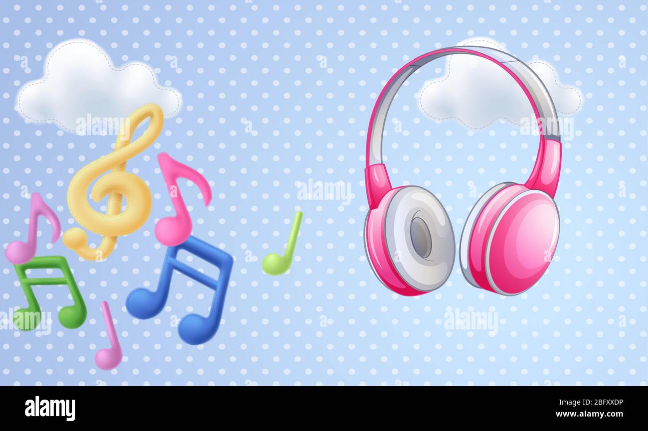 headphone, violin key and music icon on abstract cloud background Stock Vector