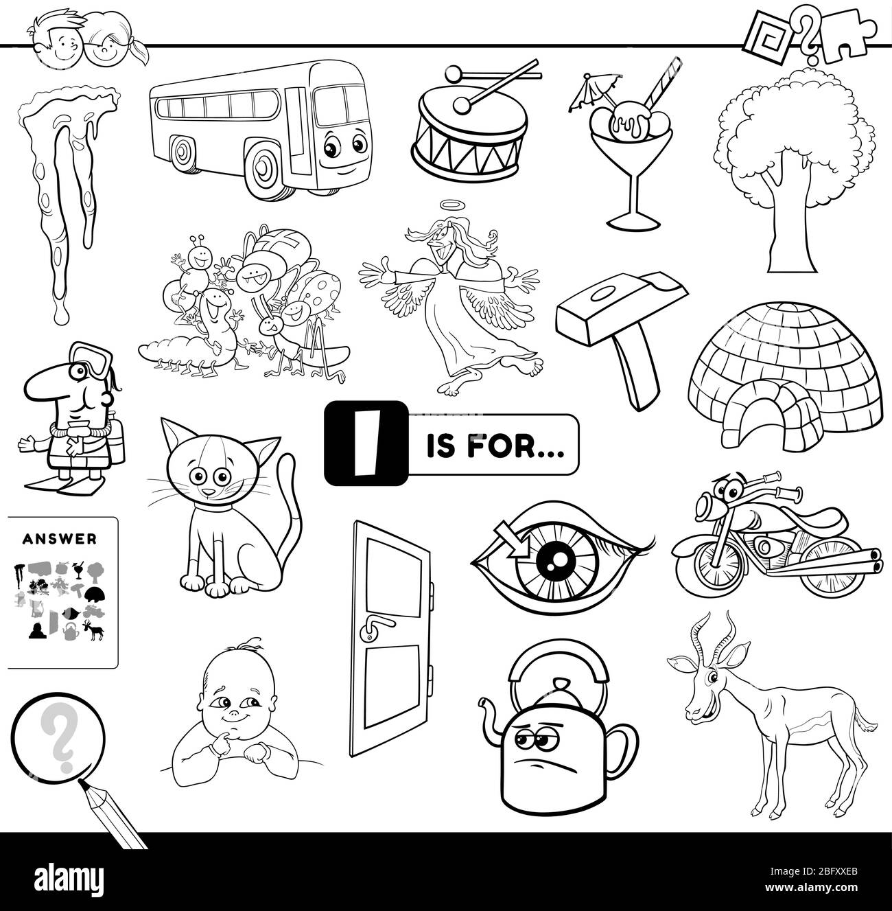 Black And White Cartoon Illustration Of Finding Picture Starting With Letter I Educational Task Worksheet For Children With Objects And Characters Col Stock Vector Image Art Alamy