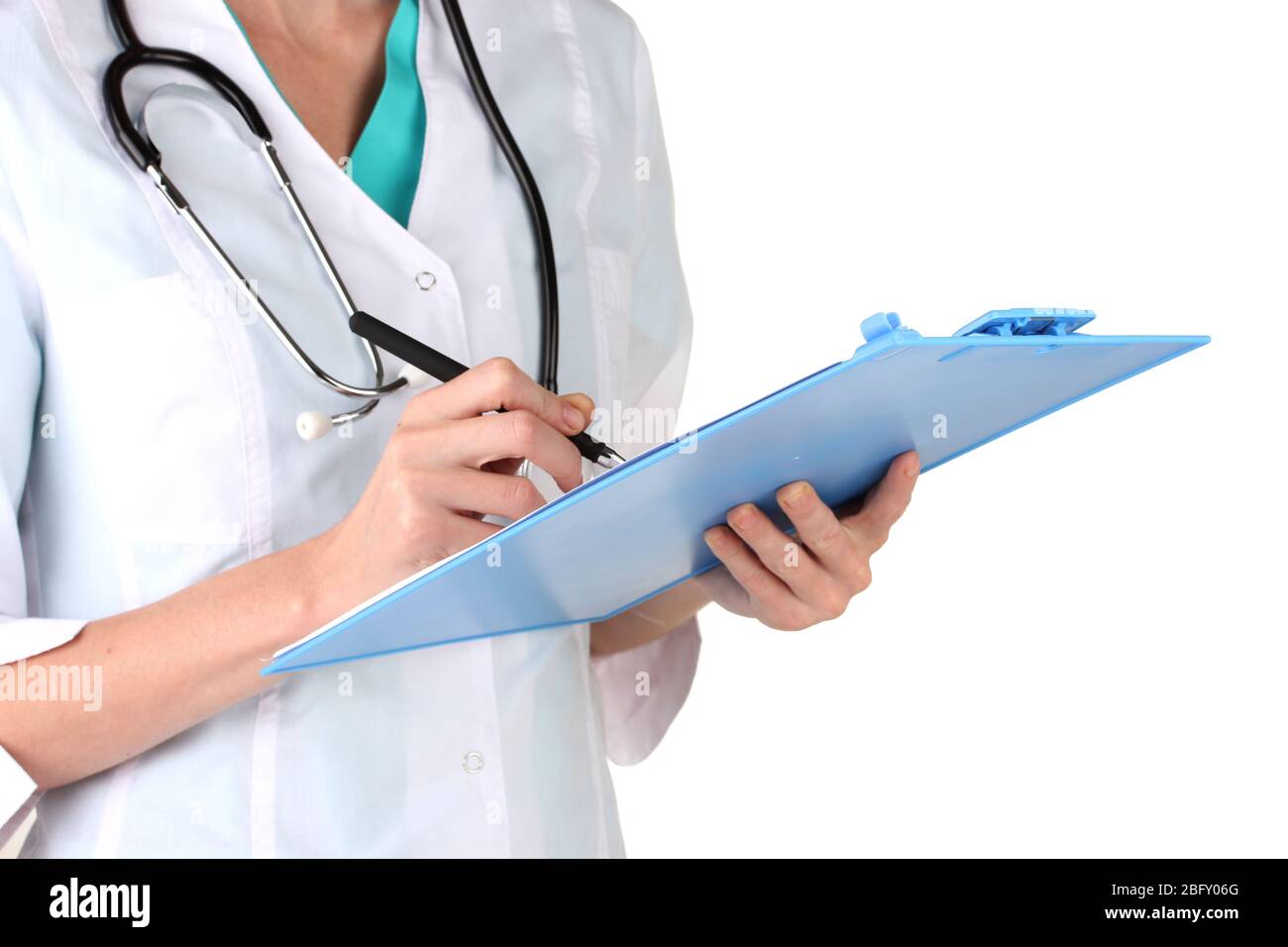 Hand of doctor with pen writing on prescription blank isolated on white ...
