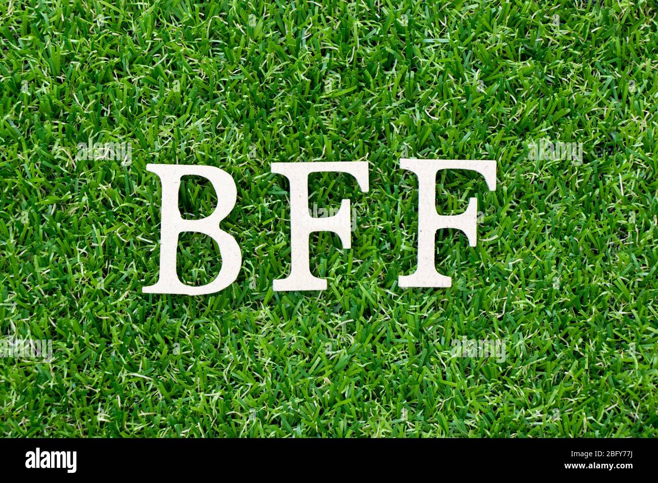 Wood letter block in word BFF (Abbreviation of best friend forever) on artificial green grass