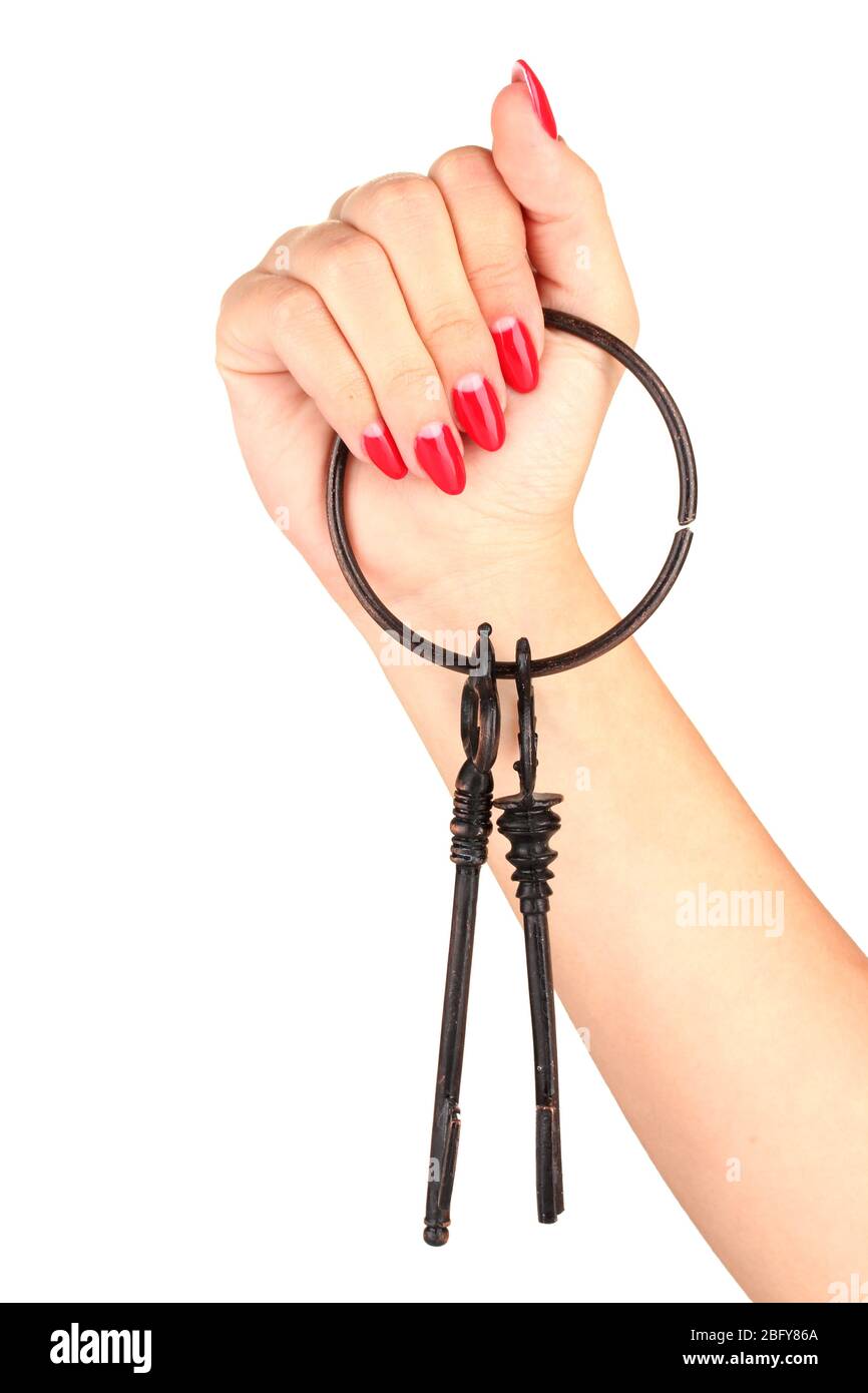 Hand with key isolated on white Stock Photo - Alamy