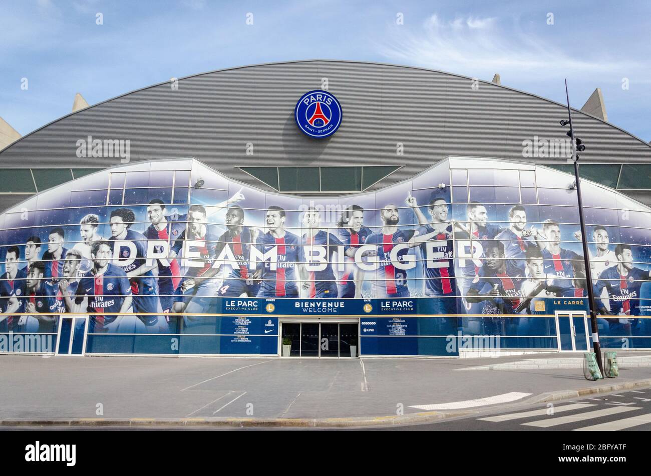 Parc des Princes Football Stadium which is home of Paris Saint-Germain Football Club, sporting a deserted look with shut entry gate in Paris, France Stock Photo