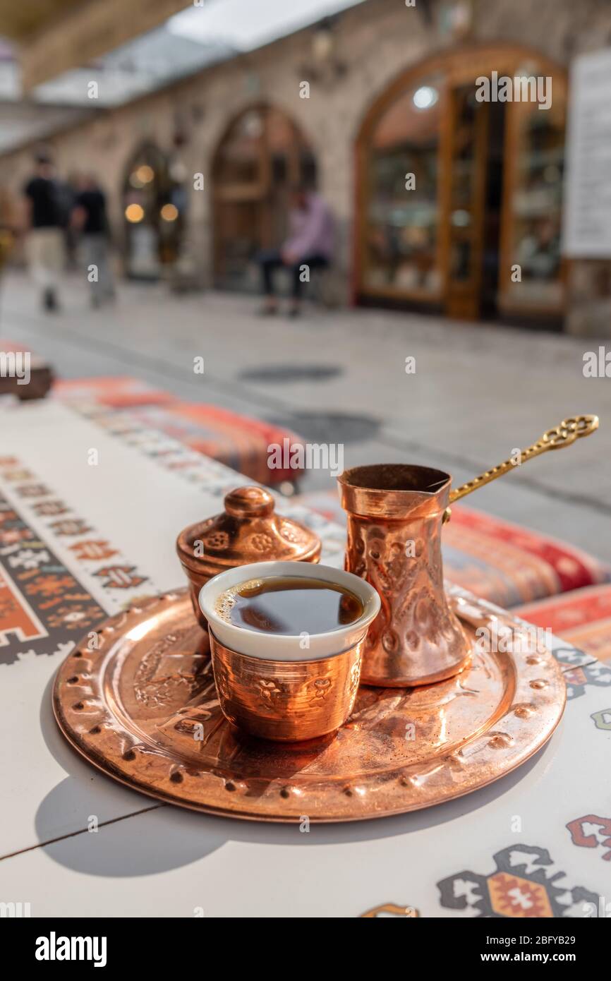 Traditional black bosnian coffee in beautiful copper cezve in Sarajevo ...