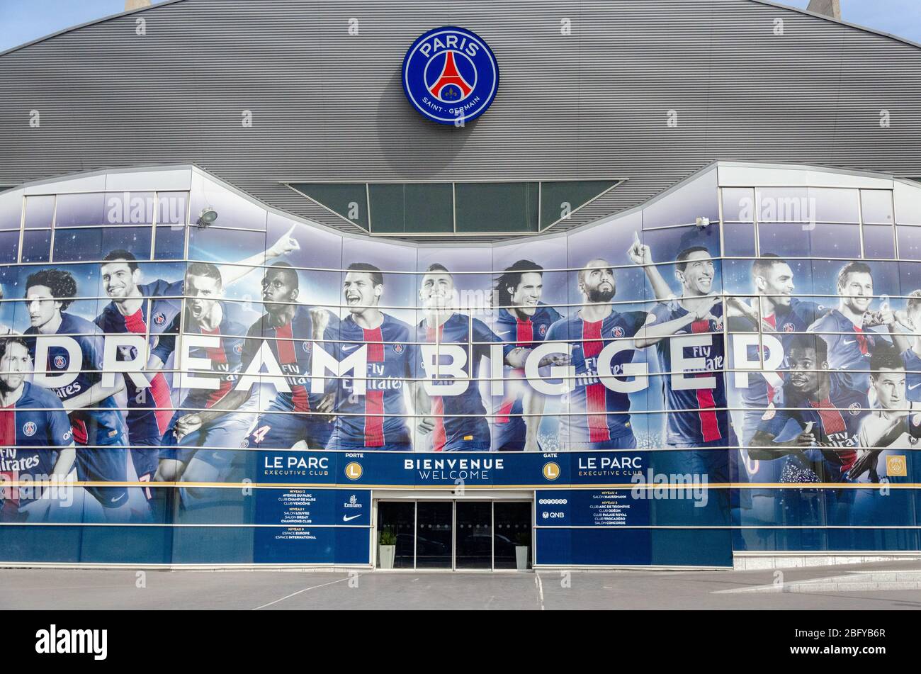 Parc des Princes Football Stadium which is home of Paris Saint-Germain Football Club, sporting a deserted look with shut entry gate in Paris, France Stock Photo