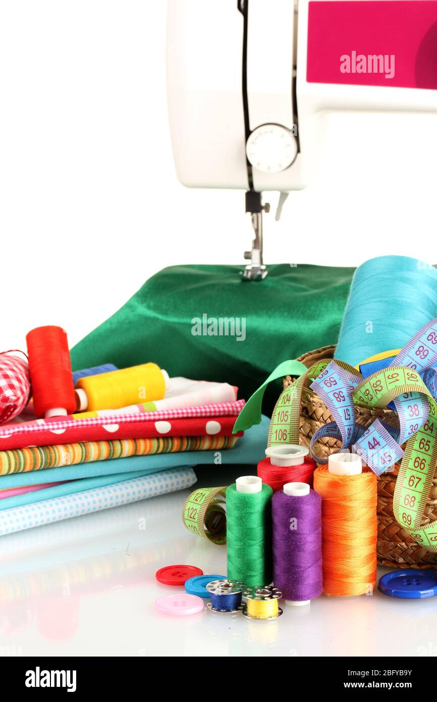 sewing machine and fabric isolated on white Stock Photo Alamy