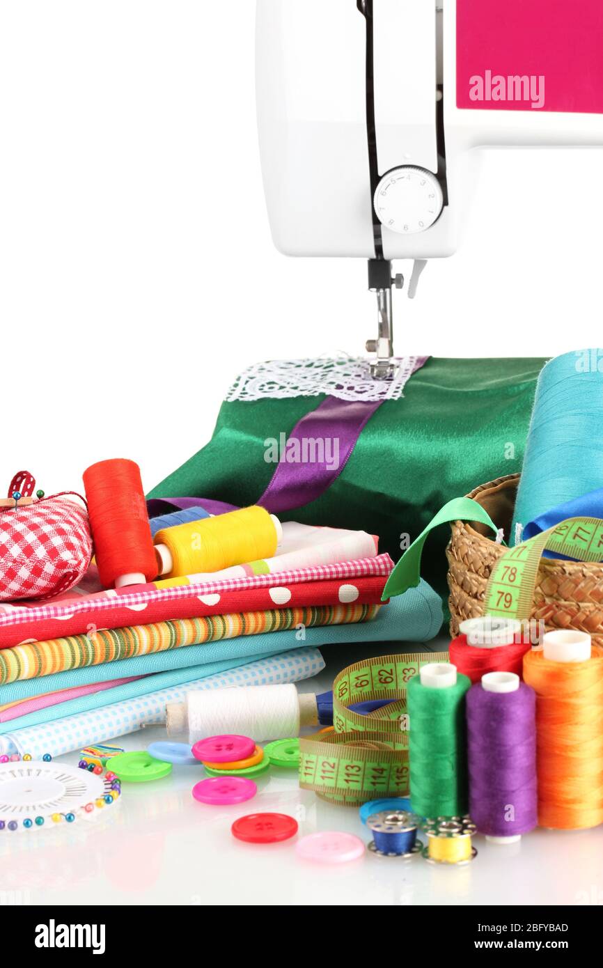 sewing machine and fabric isolated on white Stock Photo Alamy