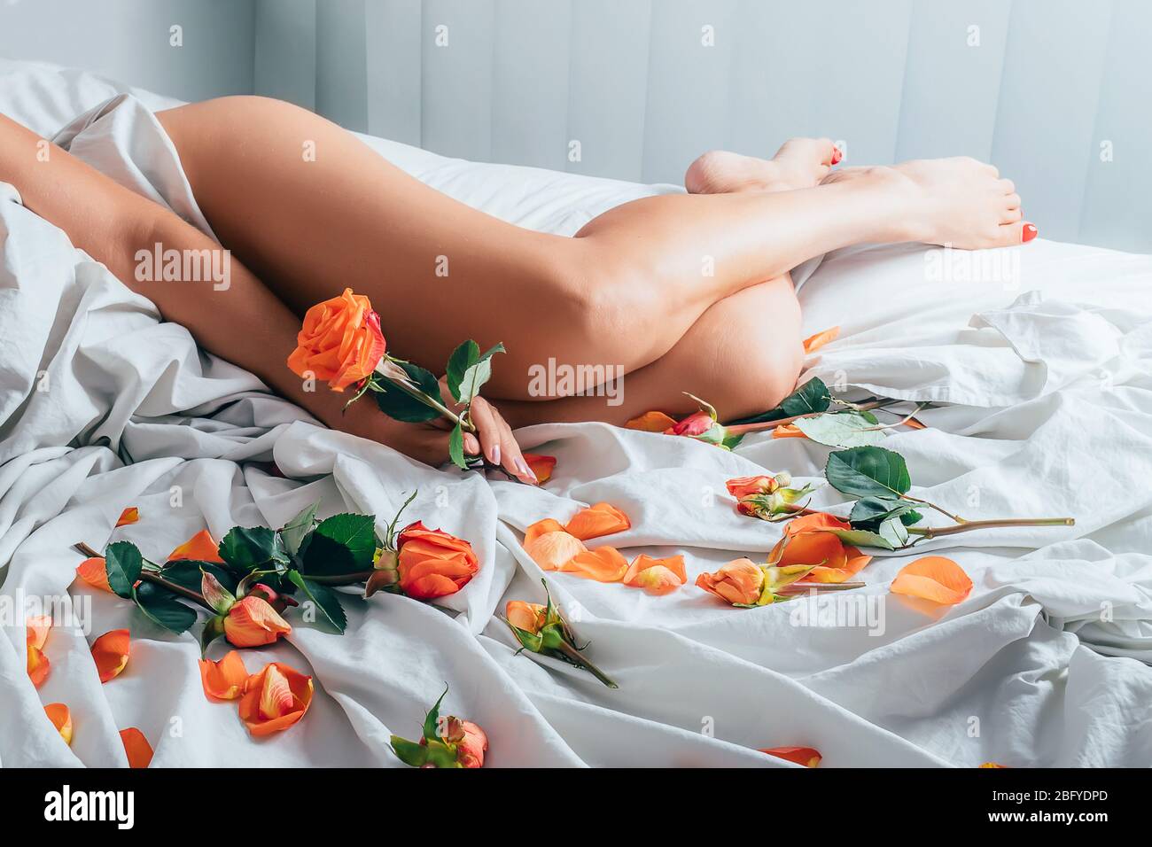 Cropped view of woman's legs lying on soft white bedding with orange red roses and petals. Stock Photo