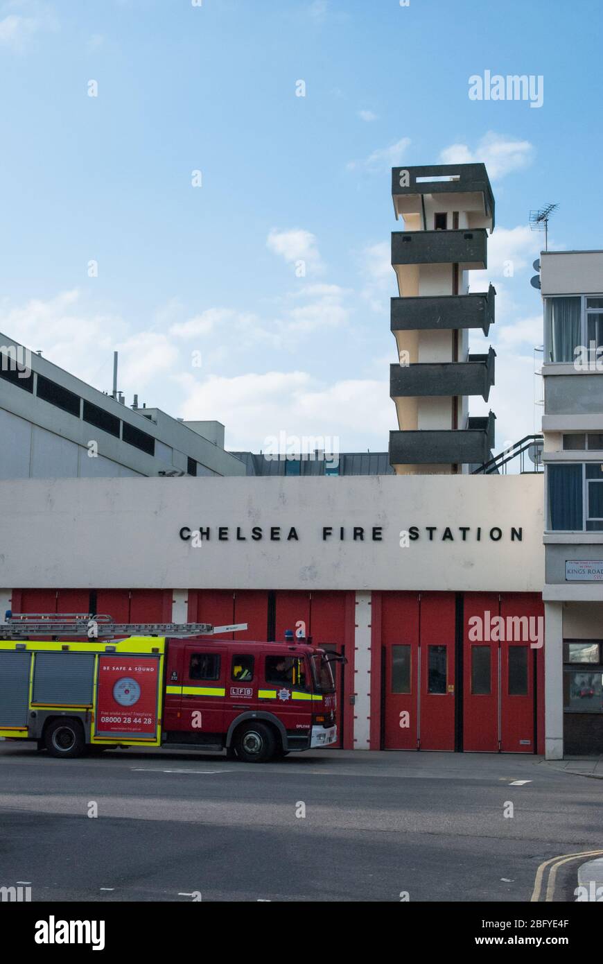 Mid Century Modern Architecture 1960s Chelsea Fire Station 264 Kings Road, London, SW3 5UF by Greater London Council Architects Geoffrey Horsfall Stock Photo