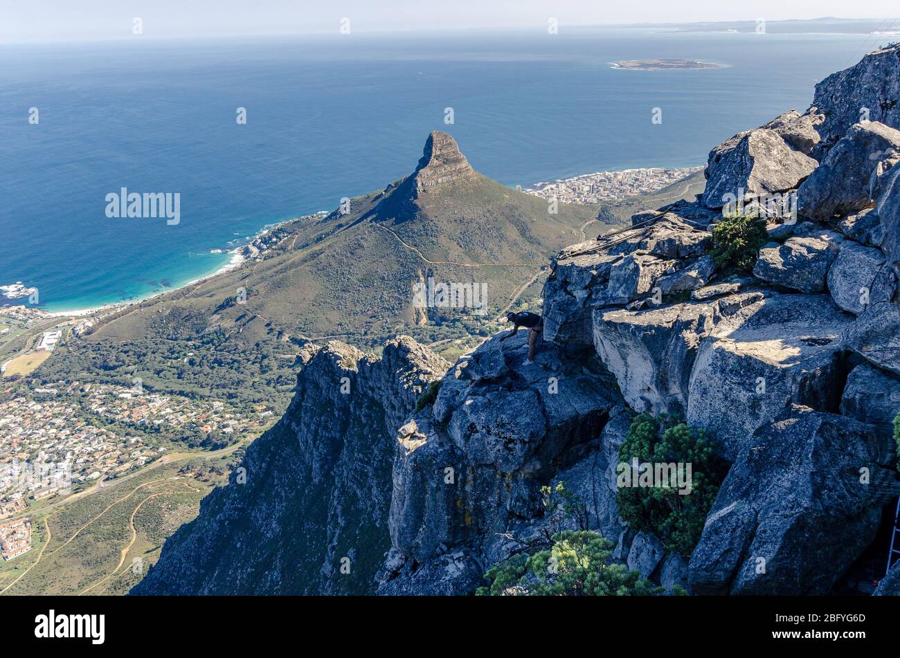 Views from Table Mountain on clear sunny day of Lions Head and Robens island Cape Town South Africa Stock Photo