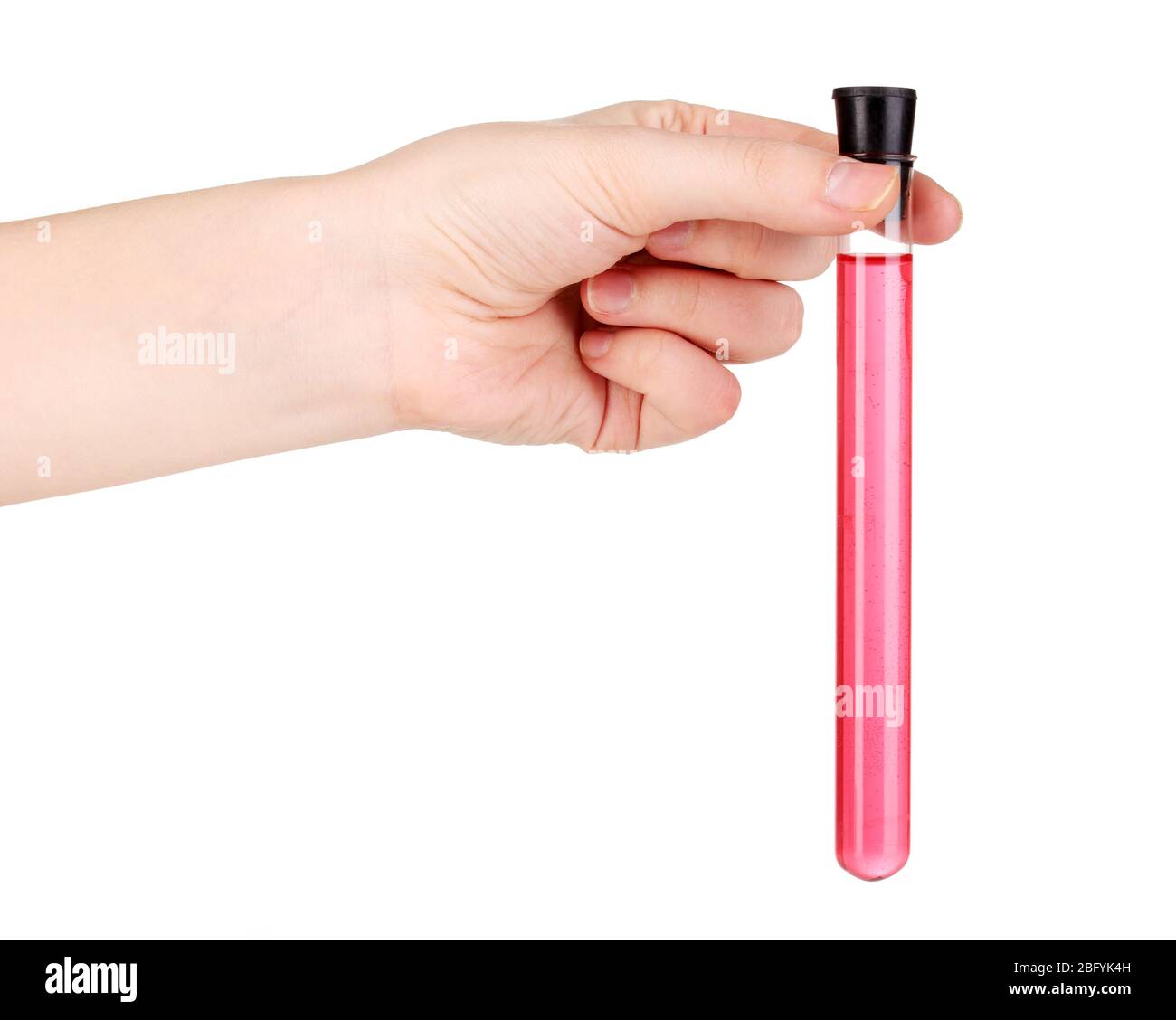 Test-tubes with pink solution in hand isolated on white Stock Photo