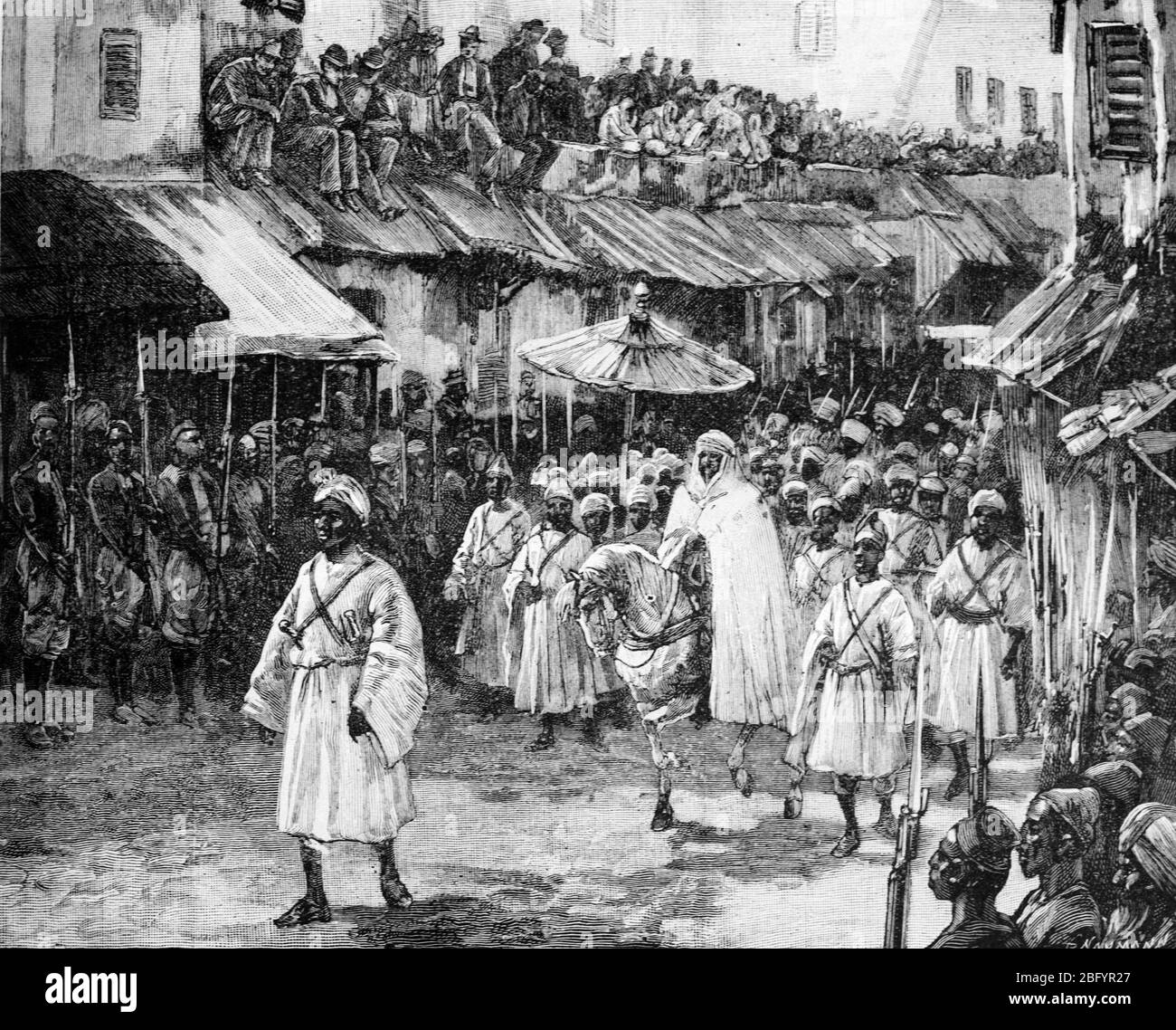Alaouite Sultan Hassan I of Morocco (1836-1894, reigned 1873-1894) travelling in Procession through the Streets of Tangier Morocco. Vintage or Old Illustration or Engraving 1889 Stock Photo