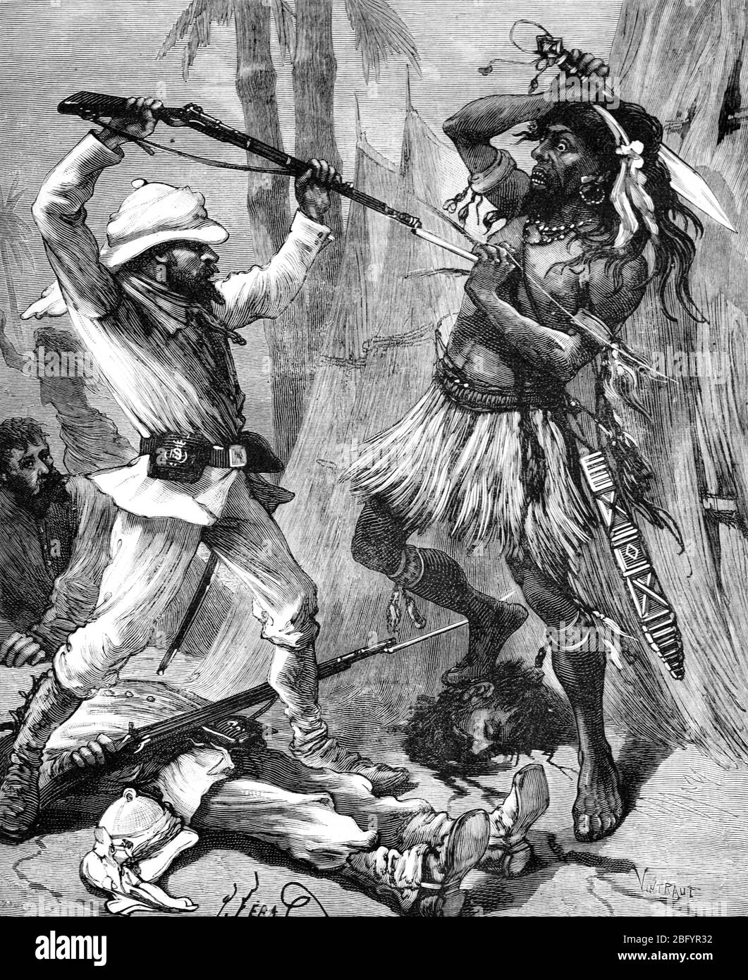 Juramentado Warrior or Moro Swordsman Fighting Spanish Invader in Mindanao or Sulu Islands Southern Philippines. Vintage or Old Illustration or Engraving 1889 Stock Photo