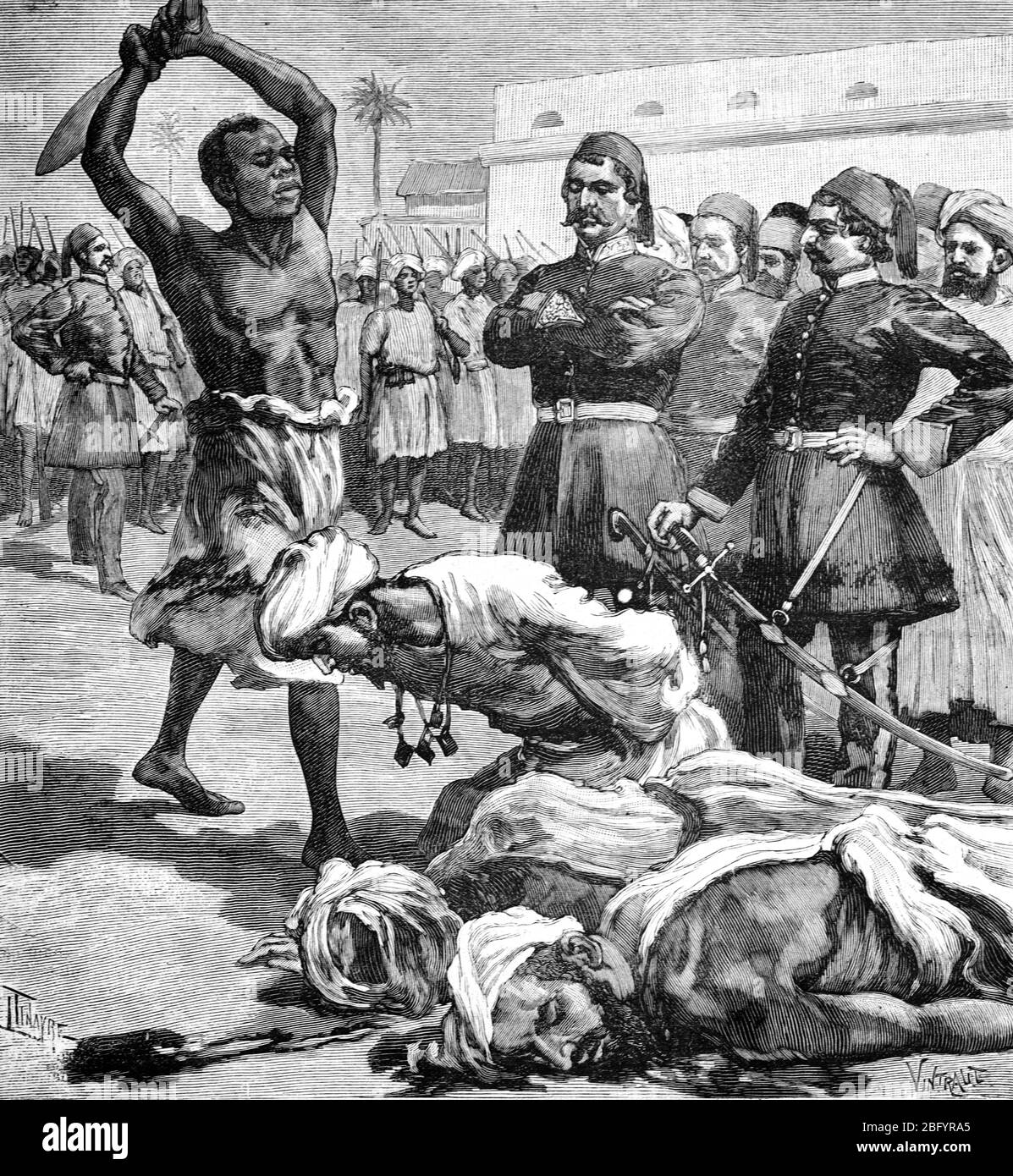 Public Execution or Beheading of Three Dervishes or Mahdist fighters in Sudan following the Defeat of the Mahdists at the Battle of Toski (Tushkah) in August 1889 by Anglo-Egyptian forces. Vintage or Old Illustration or Engraving 1890. Stock Photo