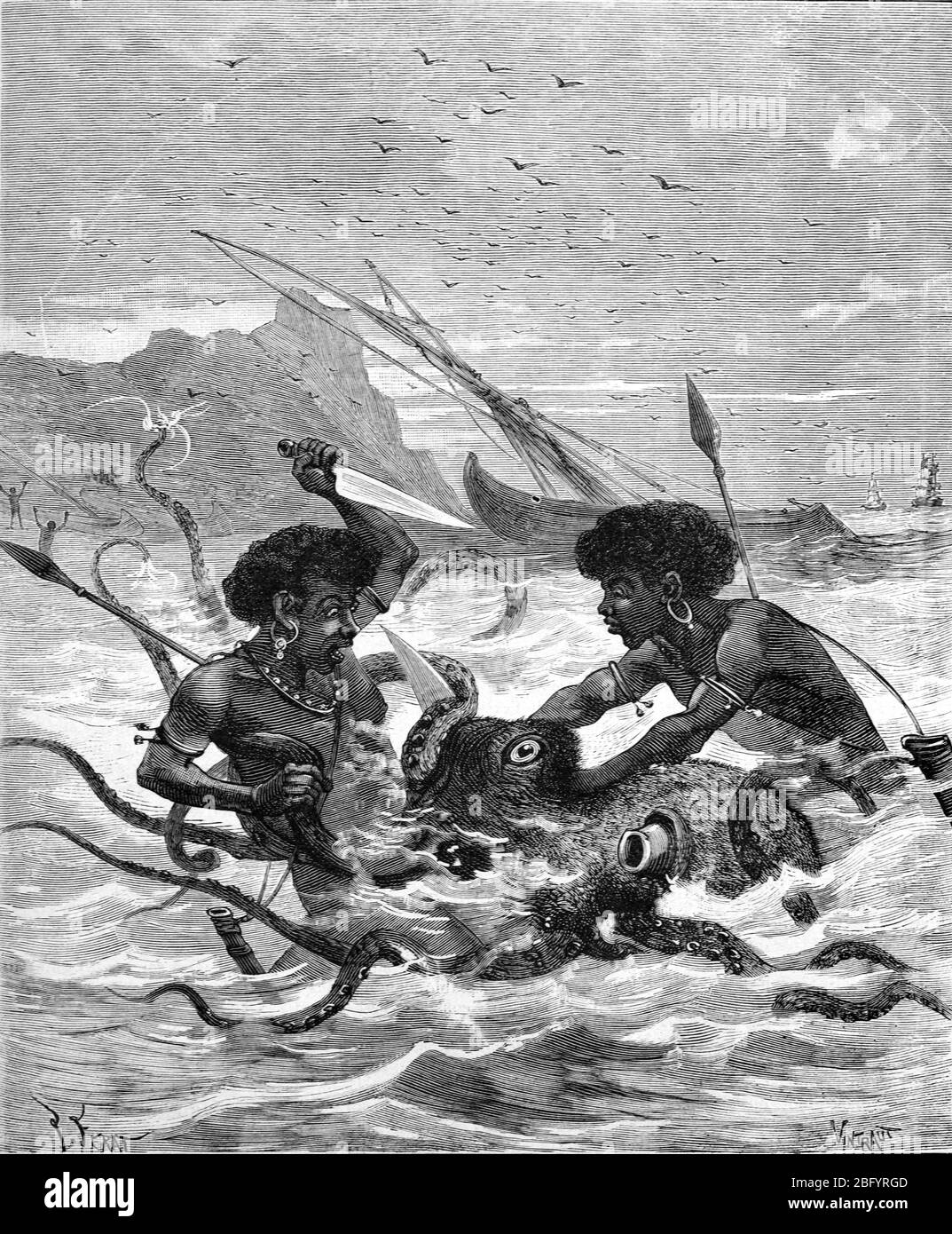 Attack by Giant Octopus Atacking Native Islanders in Mangaia, Cook Islands, Oceania. Vintage or Old Illustration or Engraving 1890 Stock Photo