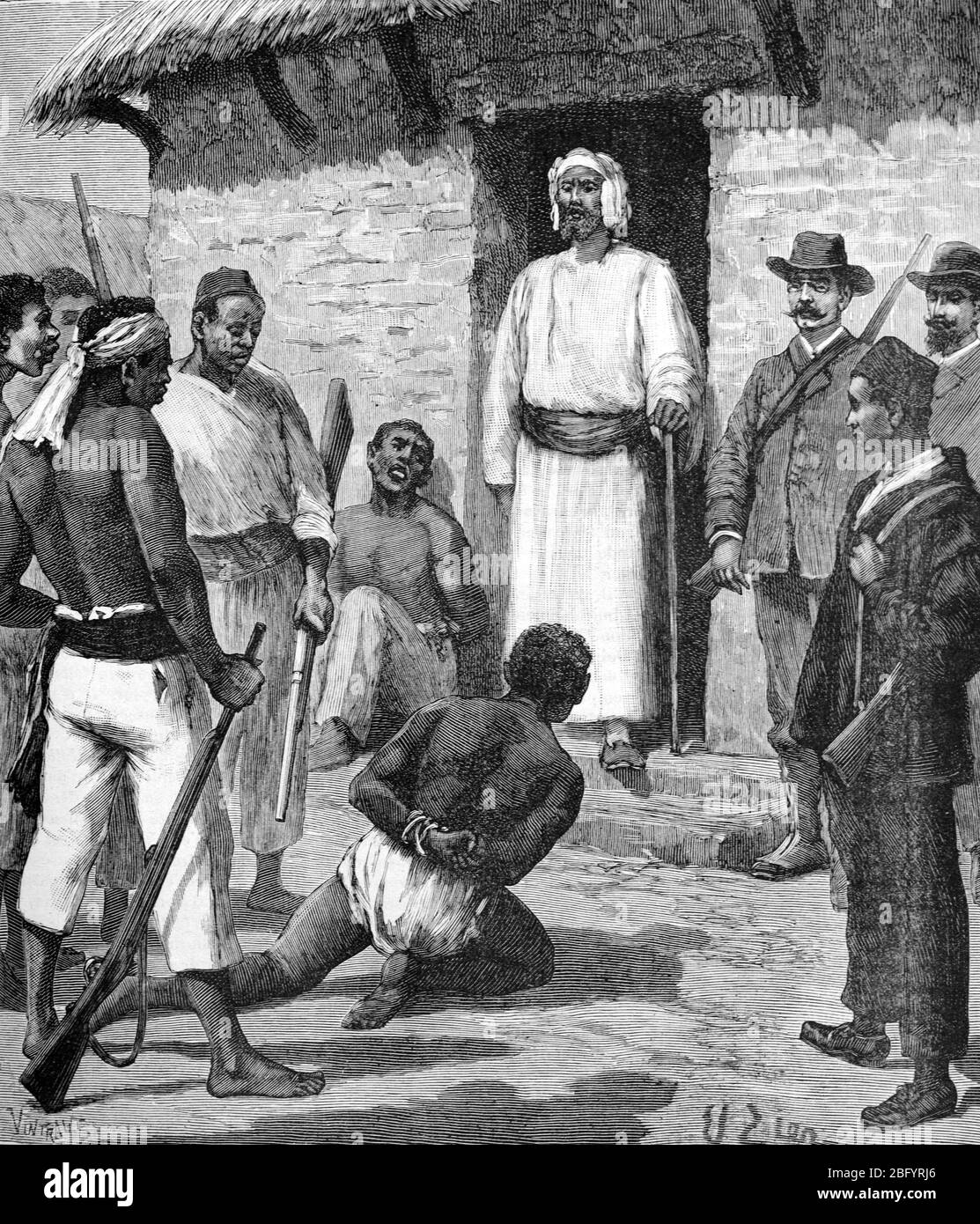 Elisee Trivier (1842-1912) French Explorer of Africa and the First to Cross Africa from the Atlantic to the Indian Ocean, Witnesses the Judgment of a Criminal by a Tribal Chief or Sultan in the African Great Lakes region of Central Africa. The defendant was shot for murder. Vintage or Old Illustration or Engraving 1890 Stock Photo