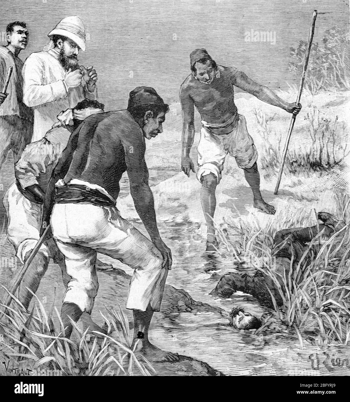 Elisee Trivier (1842-1912) French Explorer of Africa and the First to Cross Africa from the Atlantic to the Indian Ocean, discovers the body of his Fellow Traveller, Emile Weissemburger (1849-1889) Assassinated near Lake Tanganyika. Vintage or Old Illustration or Engraving 1890 Stock Photo