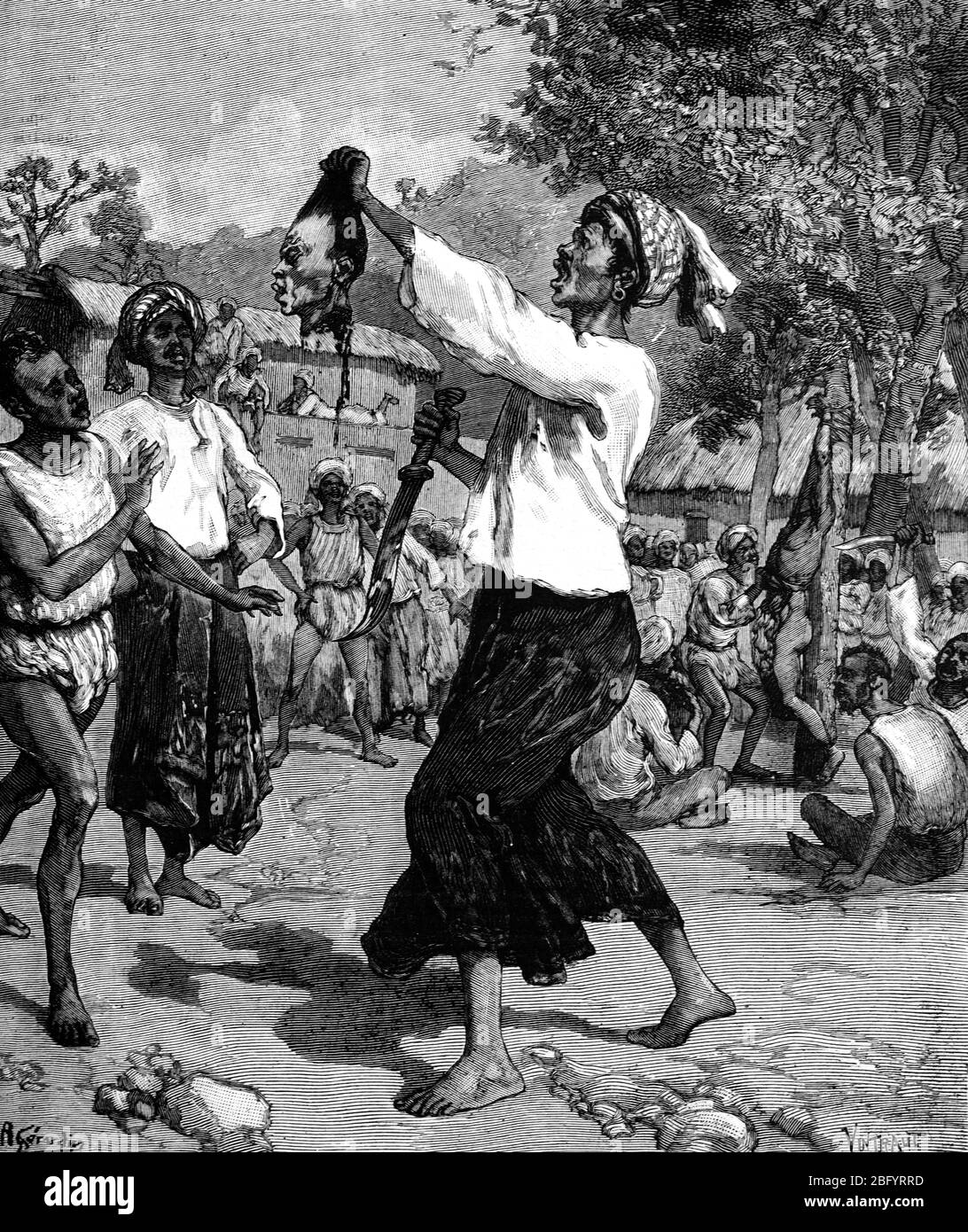 Headhunters among the Acehnese People or Tribe, aka Atjehnese or Achinese, Aceh Sumatra Indonesia. Vintage or Old Illustration or Engraving 1890 Stock Photo