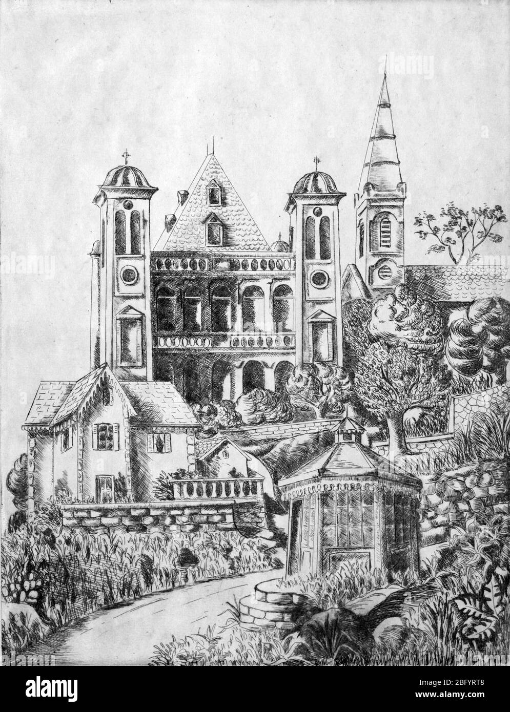 Royal Palace Complex or Rova of Antananarivo Madagacar with  Manjakamiadana Palace (centre) (1839-1867) aka Le Palais de la Reine or Queens Palace. Etching or Eau-forte by Urbain Faurec (1933) Stock Photo