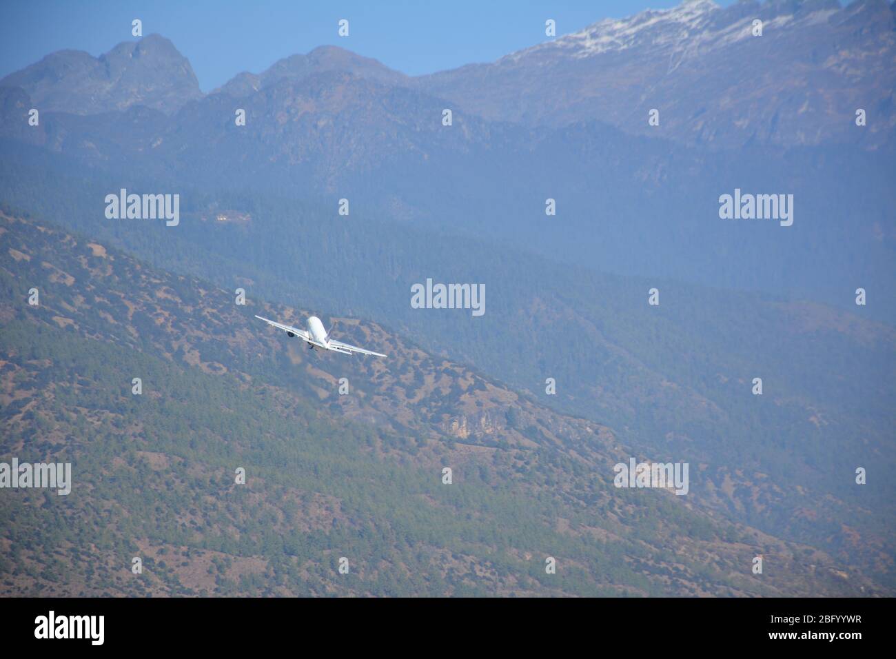Aircraft taking off from Paro airport, Bhutan. Stock Photo