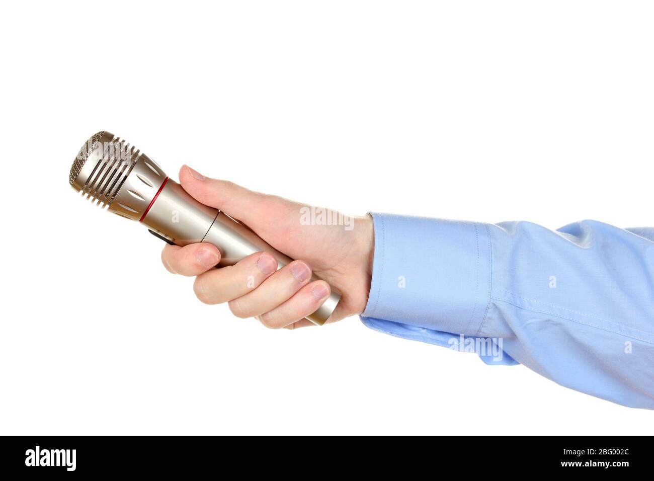 Male hand with microphone isolated on white Stock Photo - Alamy