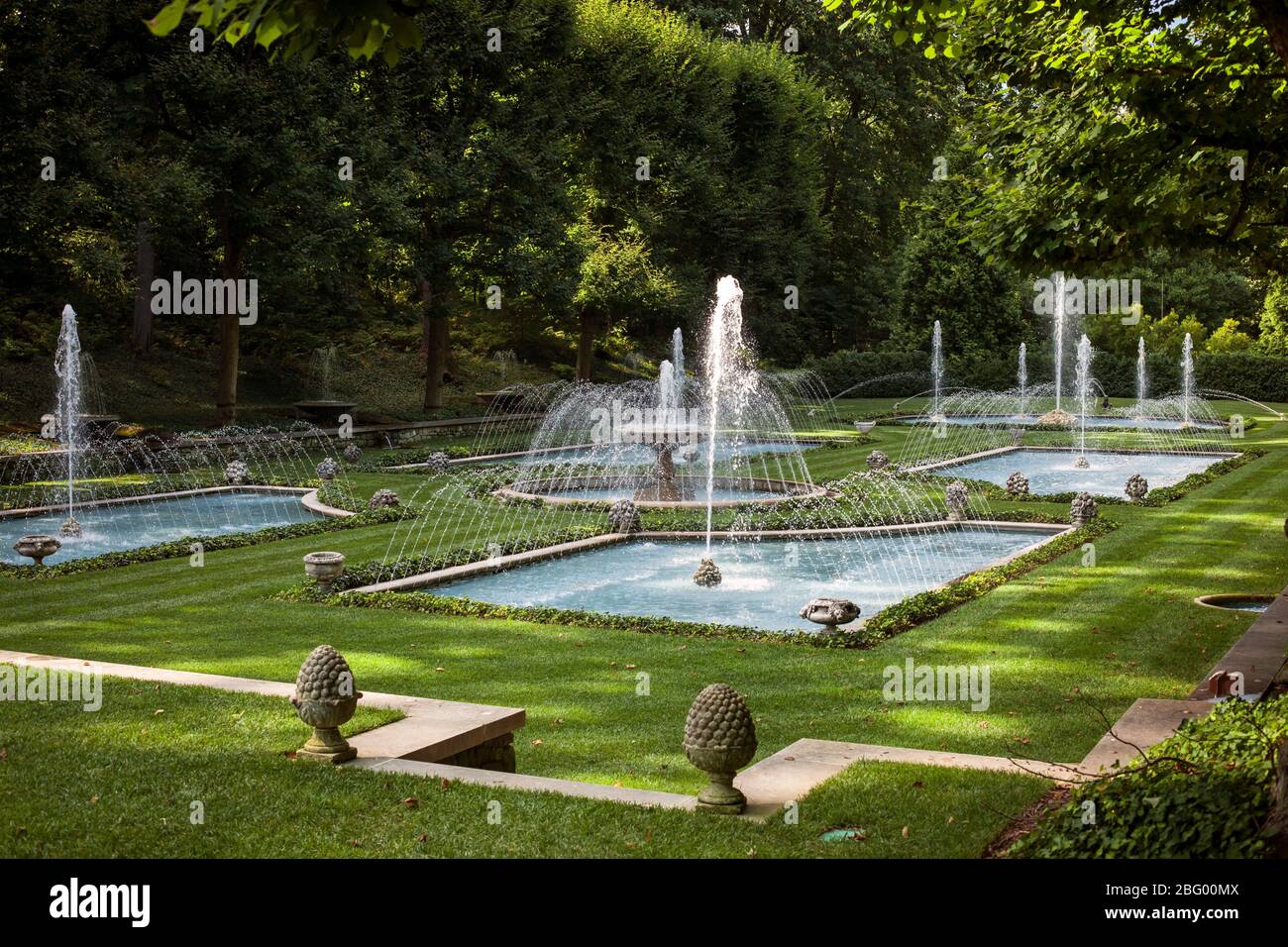 Horizontal view of some fountains on the Italian Water Garden, Longwood