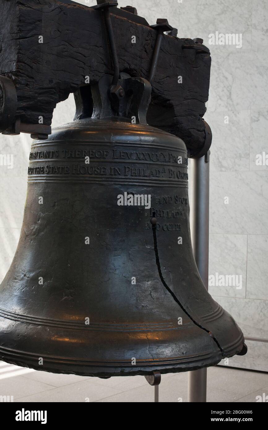 Vertical close-up view of the Liberty Bell, Philadelphia, Pennsylvania, USA Stock Photo
