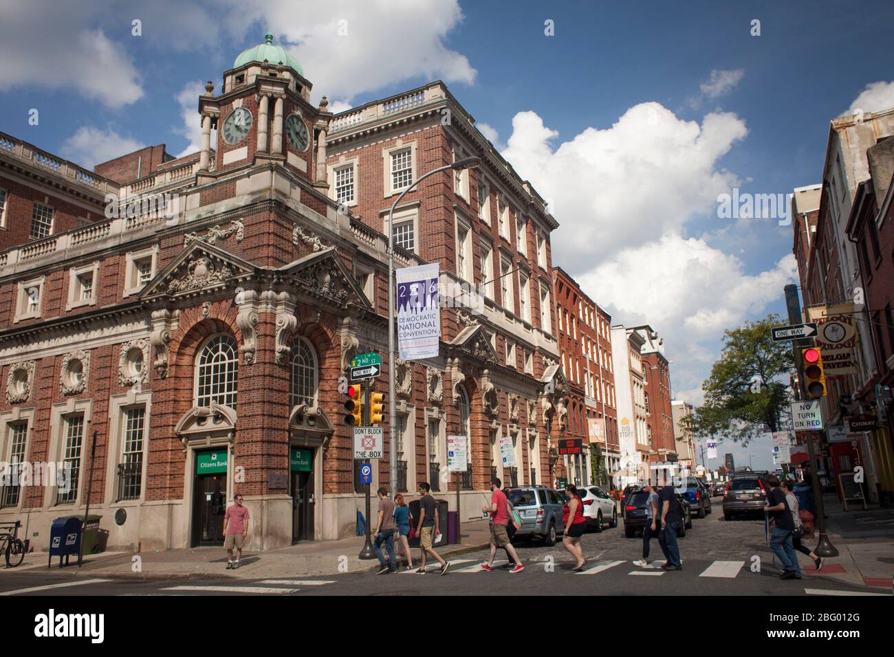 Horizontal view of a pedestrian crossing close to the Exchange National Bank, Philadelphia, Pennsylvania Stock Photo
