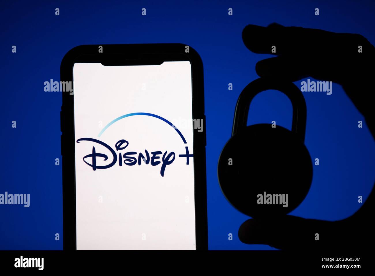 LONDON, UK - April 17 2020: Disney streaming service logo with security padlock Stock Photo