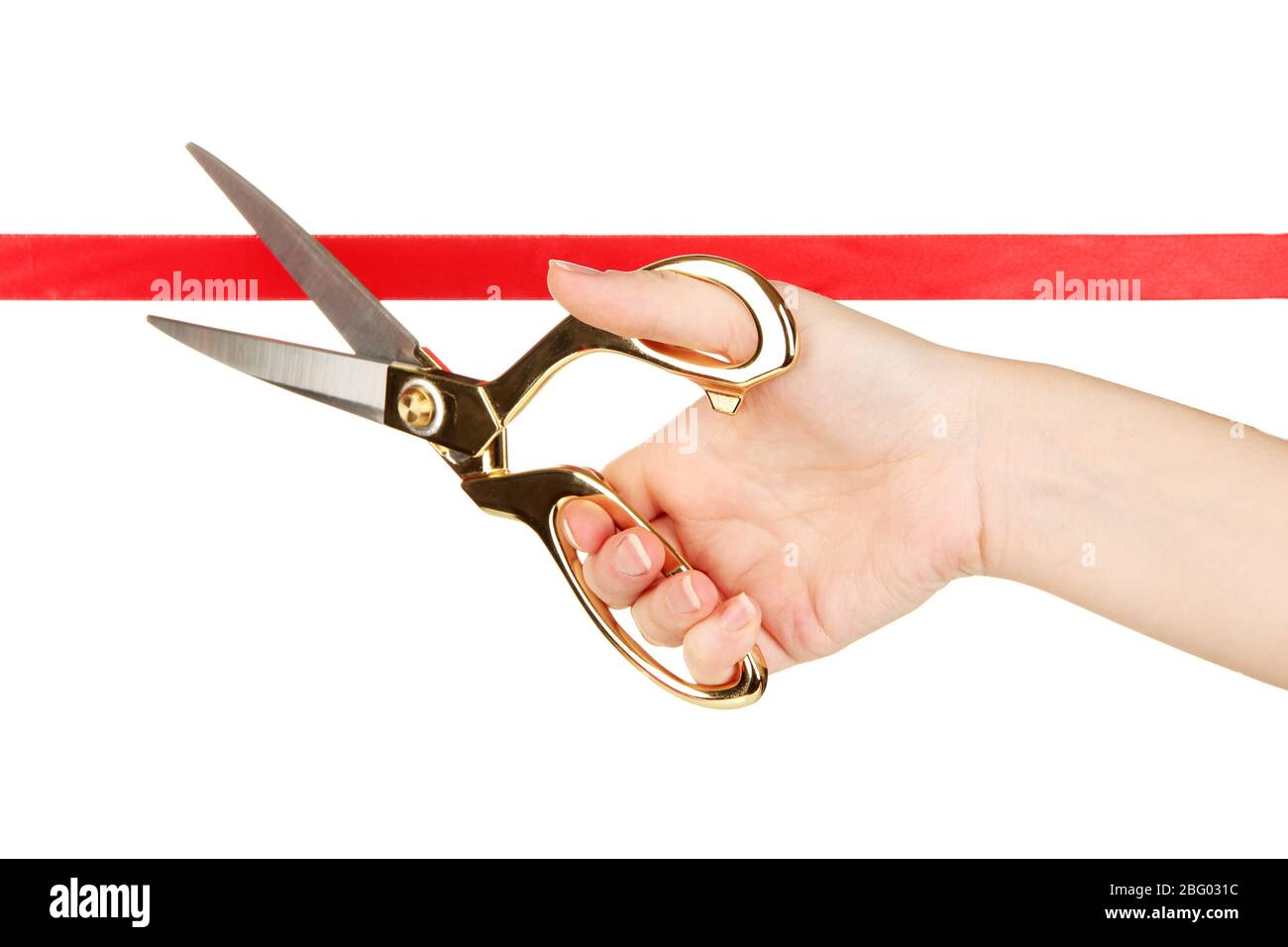 Cutting red ribbon isolated on white Stock Photo - Alamy