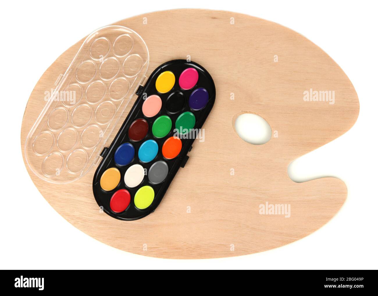 Wooden art palette with paints isolated on white Stock Photo - Alamy