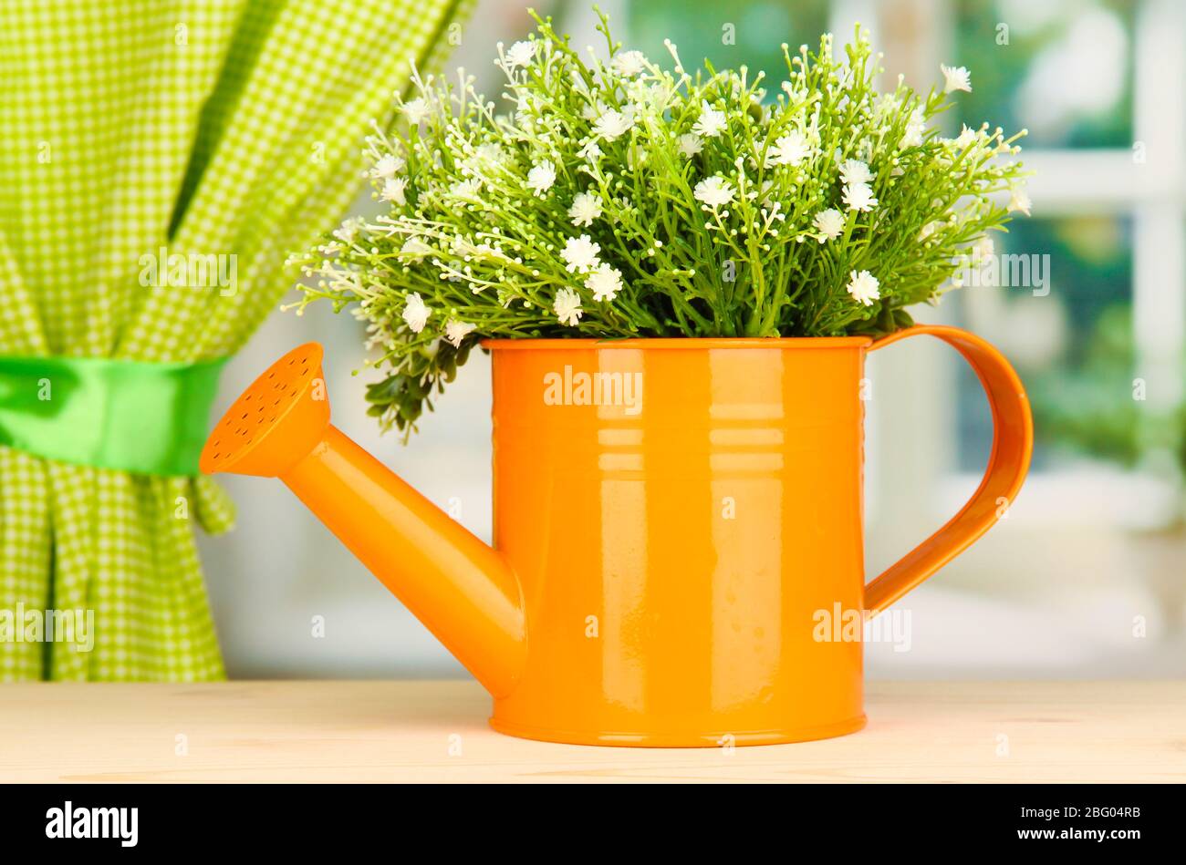 Decorative Flowers In Watering Can On Windowsill Stock Photo Alamy