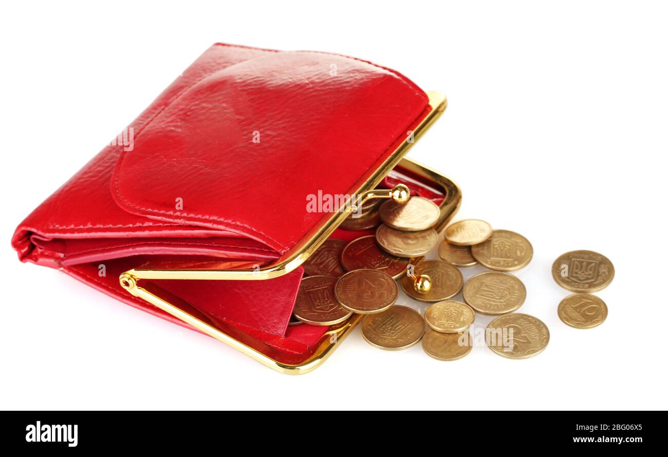 female red wallet with coins isolated on white Stock Photo Alamy