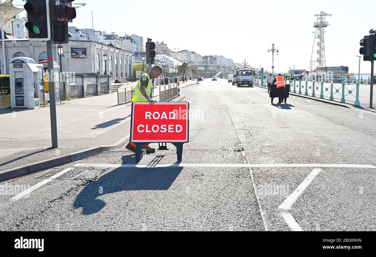 Brighton UK 20th April 2020 - Madeira Drive on Brighton seafront has been closed by the city council  to traffic between 8am and 8pm for the next three weeks to allow cyclists and pedestrians to exercise in safer conditions during the Coronavirus COVID-19 pandemic crisis  . Credit: Simon Dack / Alamy Live News Stock Photo