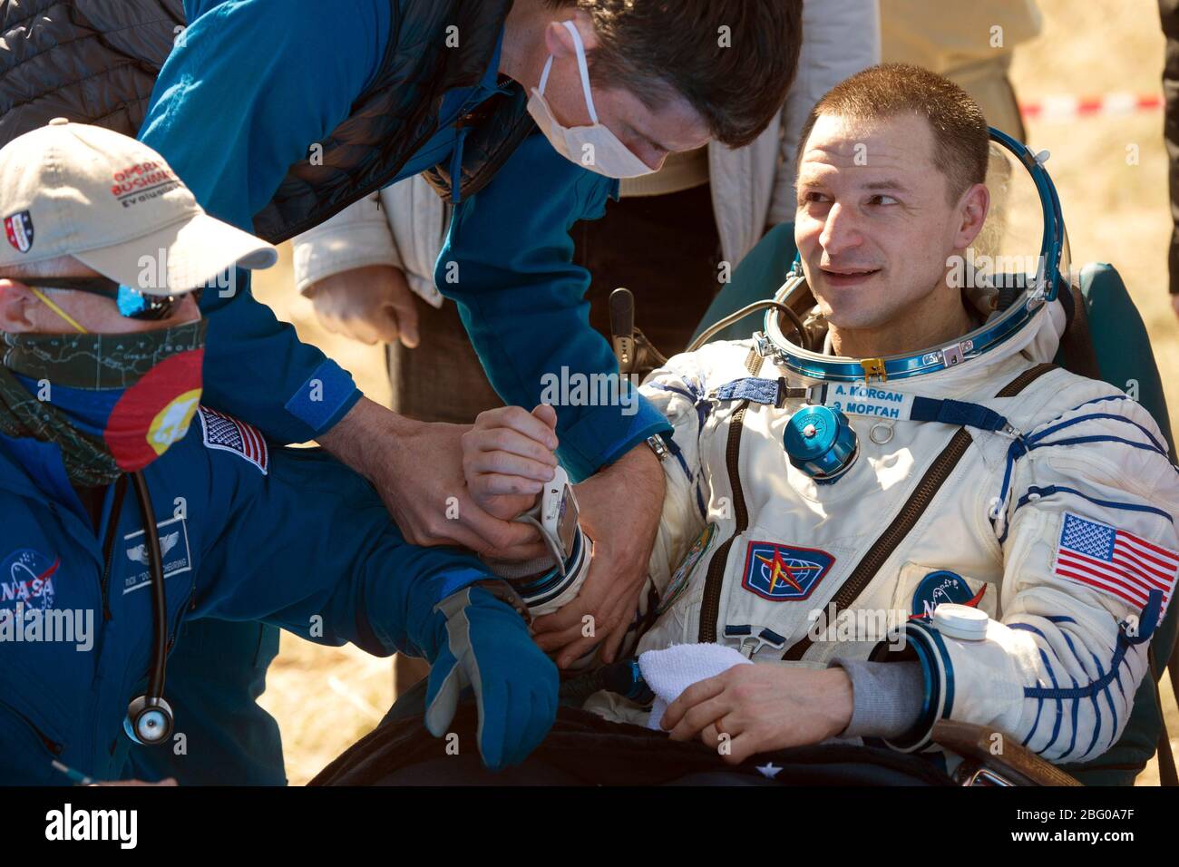 ZHEZKAZGAN, KAZAKHSTAN - 17 April 2020 - Expedition 62 astronaut Andrew Morgan is seen outside the Soyuz MS-15 spacecraft after he landed with NASA as Stock Photo
