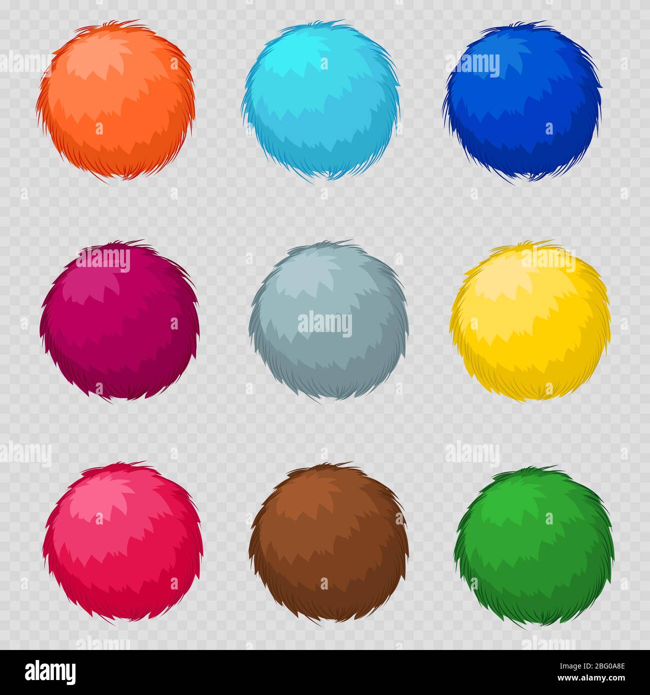 Colorful fluffy pompom fur balls isolated on transparent background. Vector illustration Stock Vector