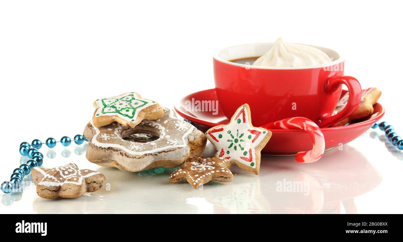 Christmas treats with cup of coffe isolated on white Stock Photo