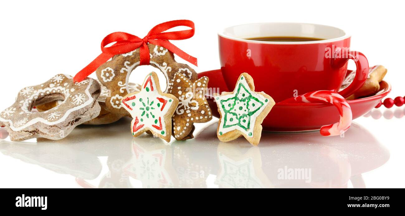 Christmas treats with cup of coffe isolated on white Stock Photo