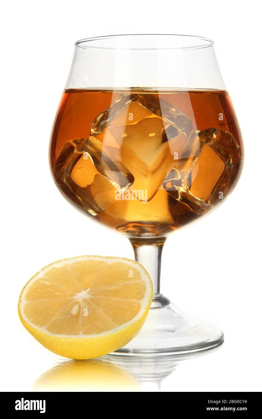 Glass of brandy with ice and lemon isolated on white Stock Photo Alamy