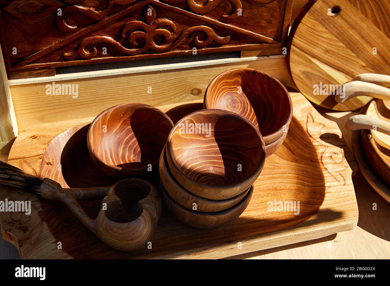Kazakh ethnic wooden utensils on the fair market in Almaty, Kazakhstan Stock Photo
